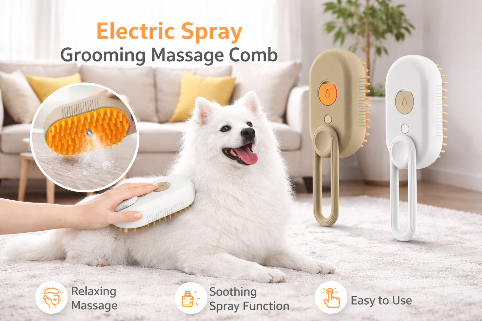 3-in-1 electric steam pet grooming brush for cats and dogs with water tank and soft bristles