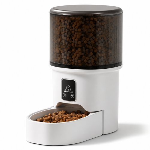 An automatic pet feeder with a white body, a clear upper hopper filled with brown kibble, and a lower tray holding kibble, shown on a clean white background.