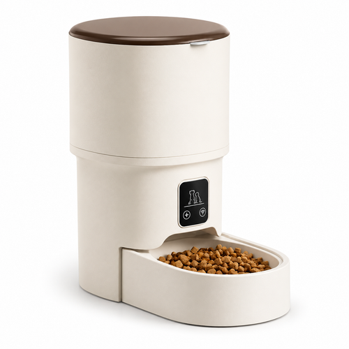 An automatic pet feeder with a cream-colored body, a dark brown lid, and a bowl of kibble, shown on a solid white background.