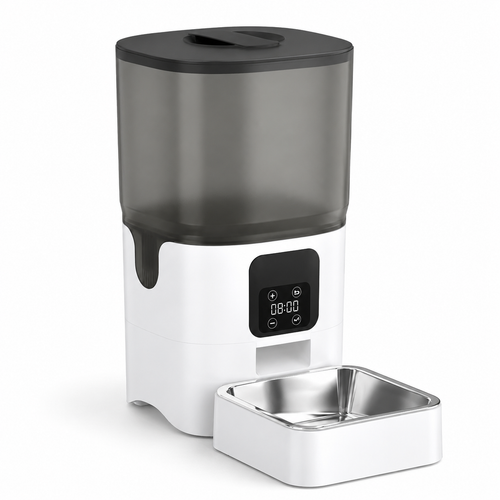 Automatic pet feeder and water dispenser with a semi-transparent dark gray container, white body, digital control panel, and a stainless steel bowl on a white background.