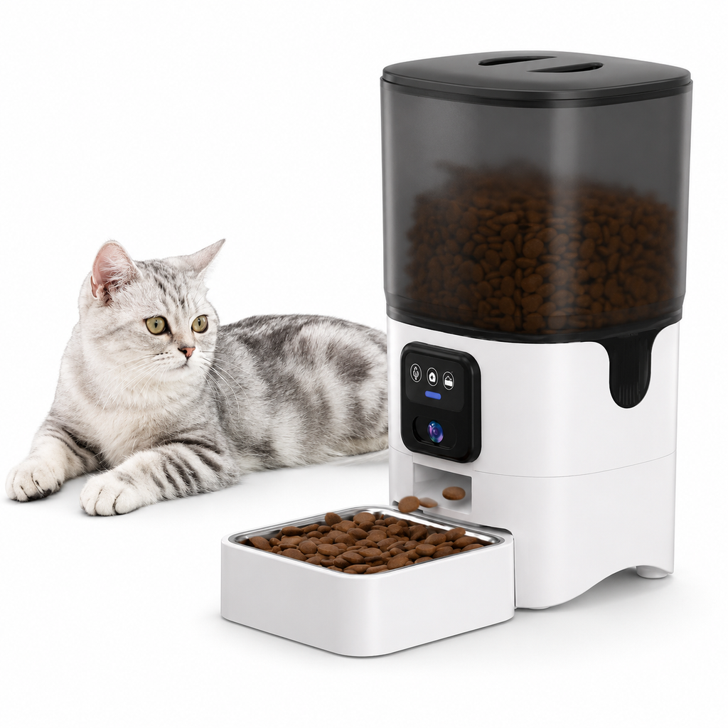 A silver and white automatic pet feeder with a black top lid, filled with kibble, alongside a matching food bowl with more kibble. A gray tabby cat is lying on the left, looking at the feeder, against a clean white background.