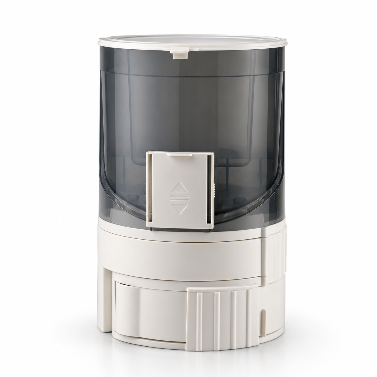 A modern cylindrical dispenser or container with a translucent dark gray upper chamber and a cream-colored base, shown on a clean white background.