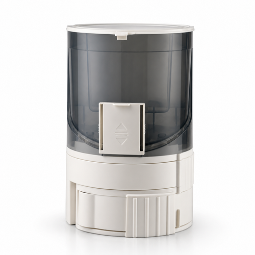 A modern cylindrical dispenser or container with a translucent dark gray upper chamber and a cream-colored base, shown on a clean white background.