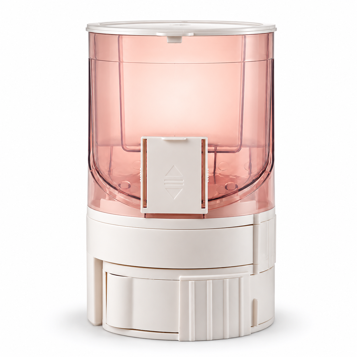 A cylindrical pet waterer with a translucent pink upper chamber and a solid white lower base, shown on a clean white background.