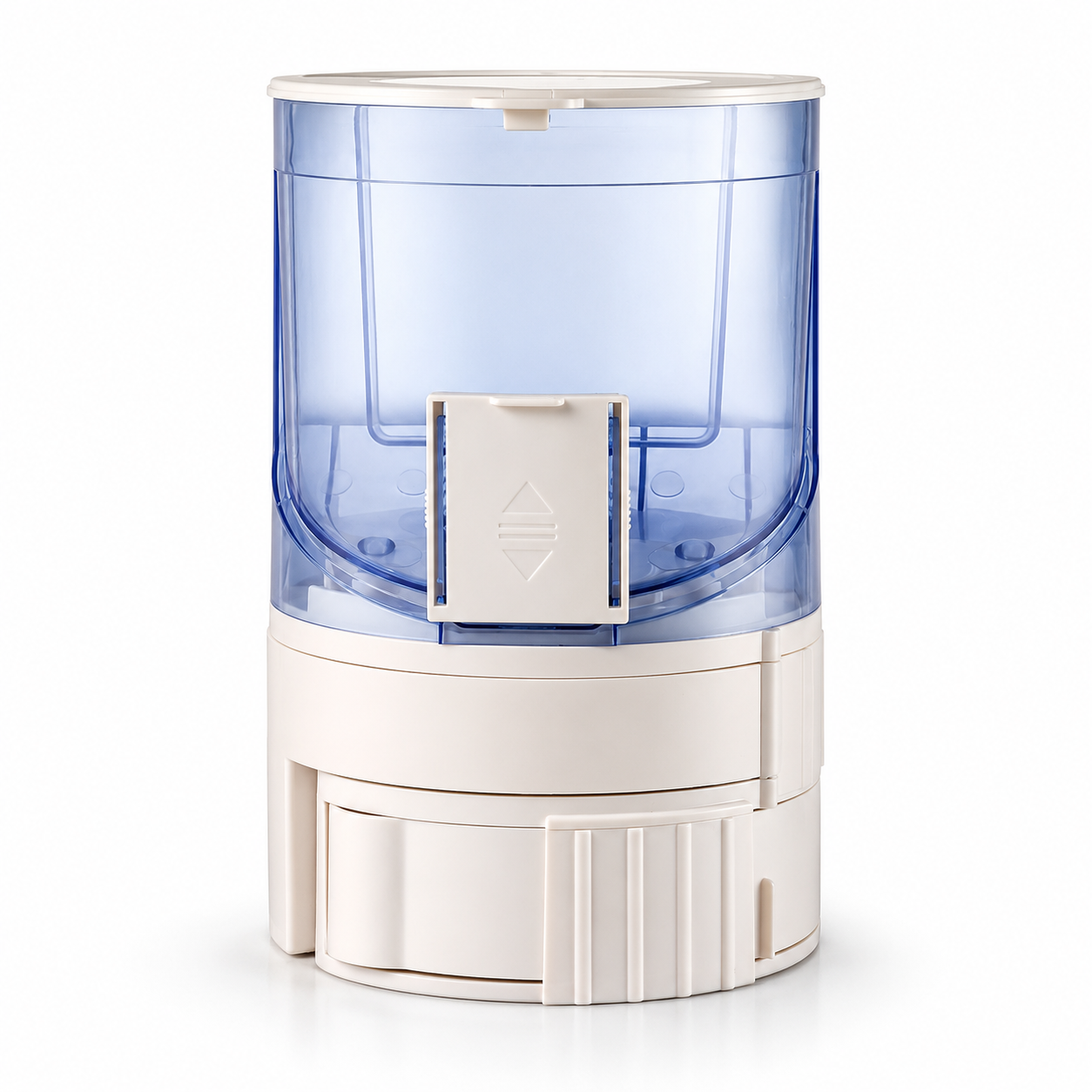 A portable cylindrical water filter pitcher with a translucent blue upper chamber and a cream-colored lower base and top lid, shown on a clean white background.
