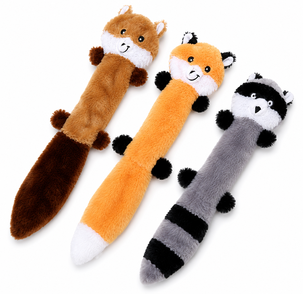 Set of three plush squeaky dog toys by Pawnesta, interactive chew toys for pets with soft fabric and squeaker inside.