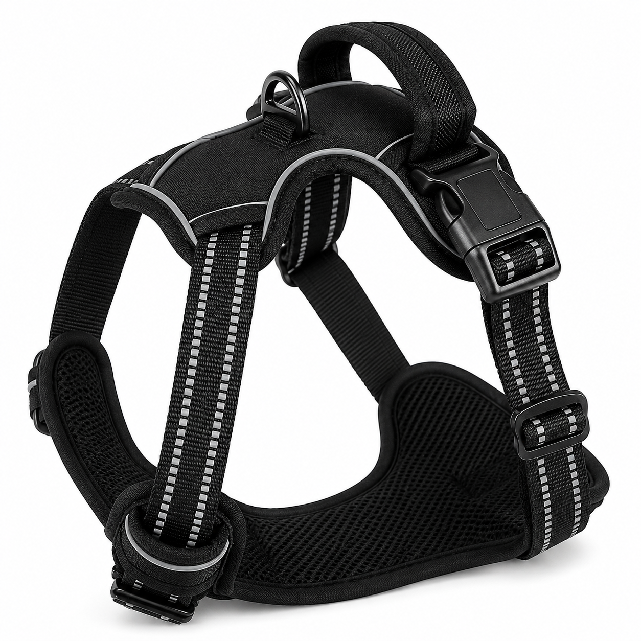 Black dog harness with reflective stripes on a white background