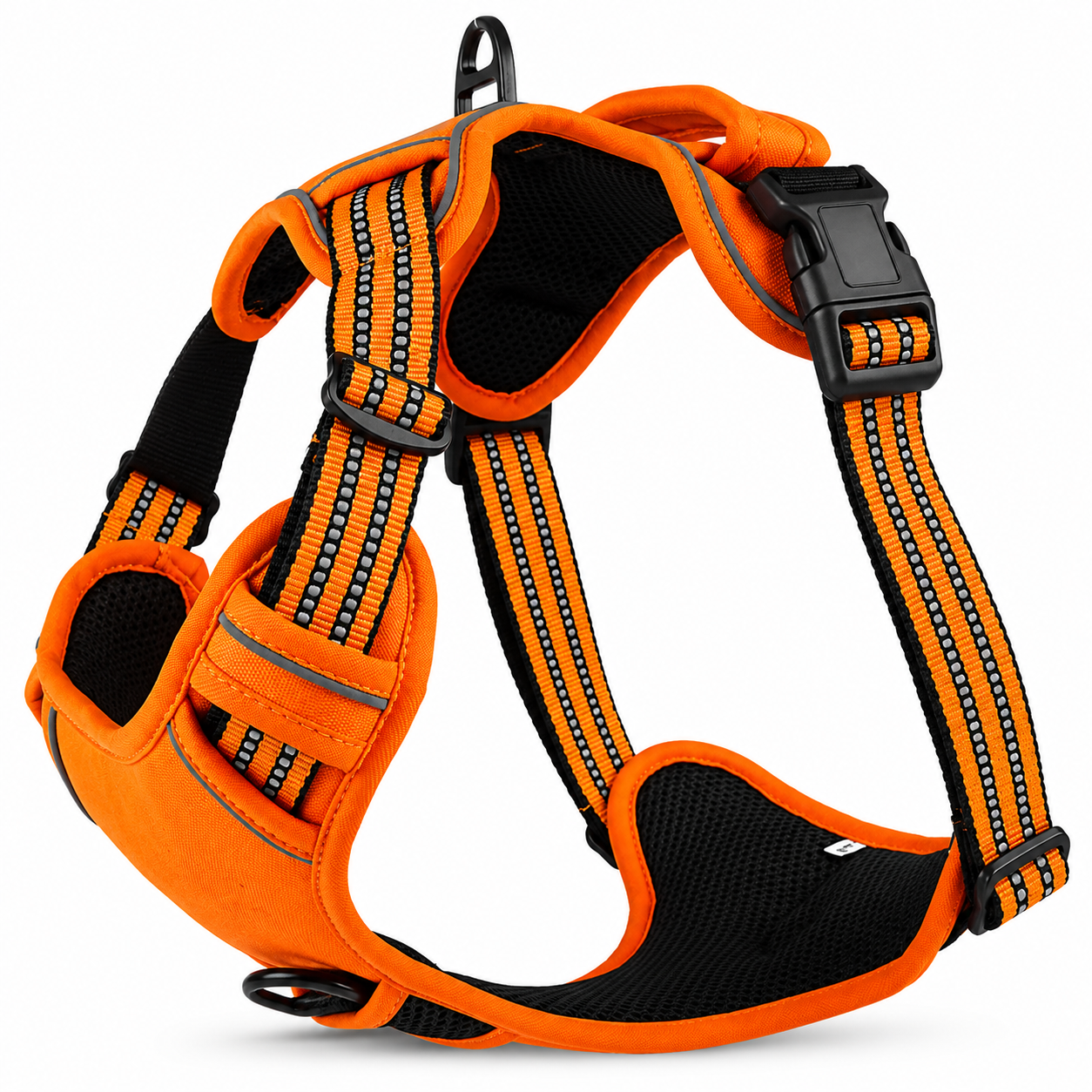 Orange and black dog harness on a white background