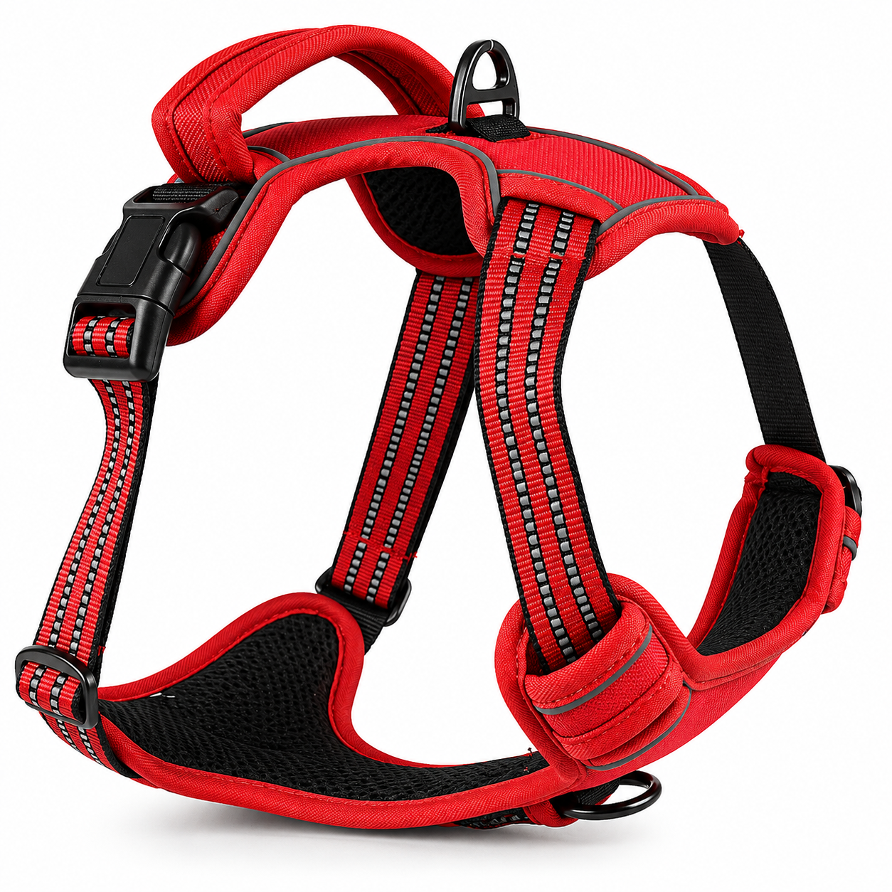 Red dog harness with reflective stripes on a white background