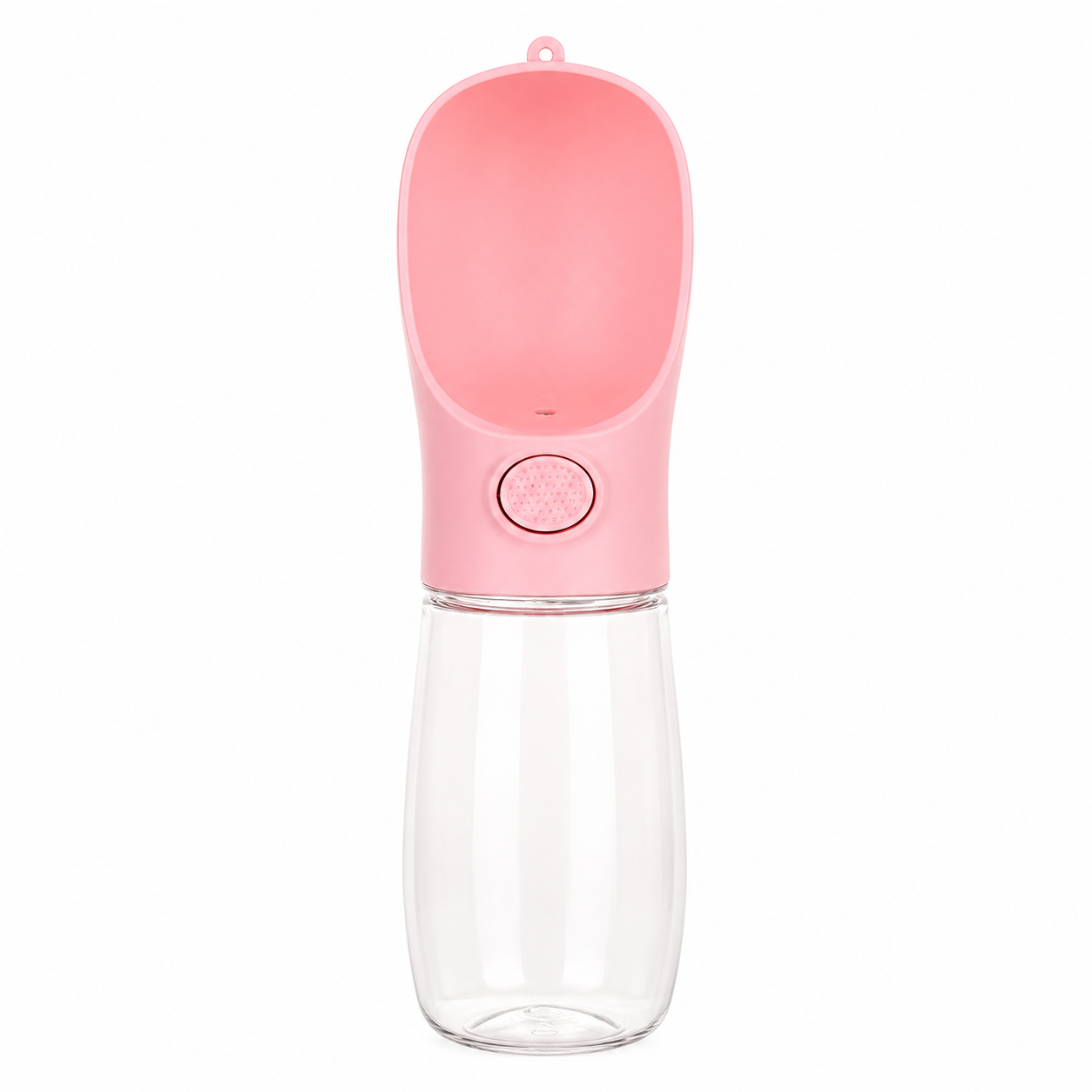 Pink portable pet water bottle and travel bowl for dogs and cats, leakproof design for on-the-go hydration.