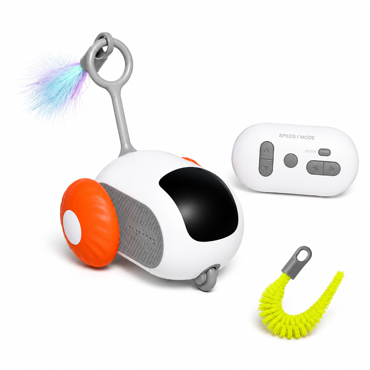 Pet toy with remote control and additional accessories on a white background