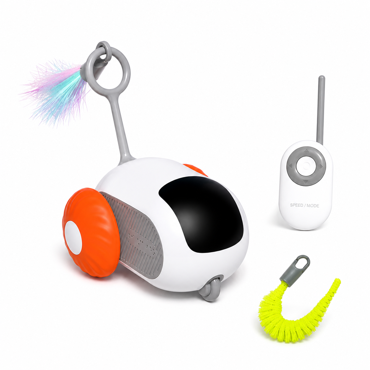 Pet toy with remote control and accessories on a white background
