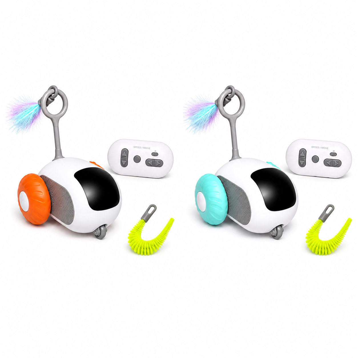 Two toy robots with remote controls on a white background