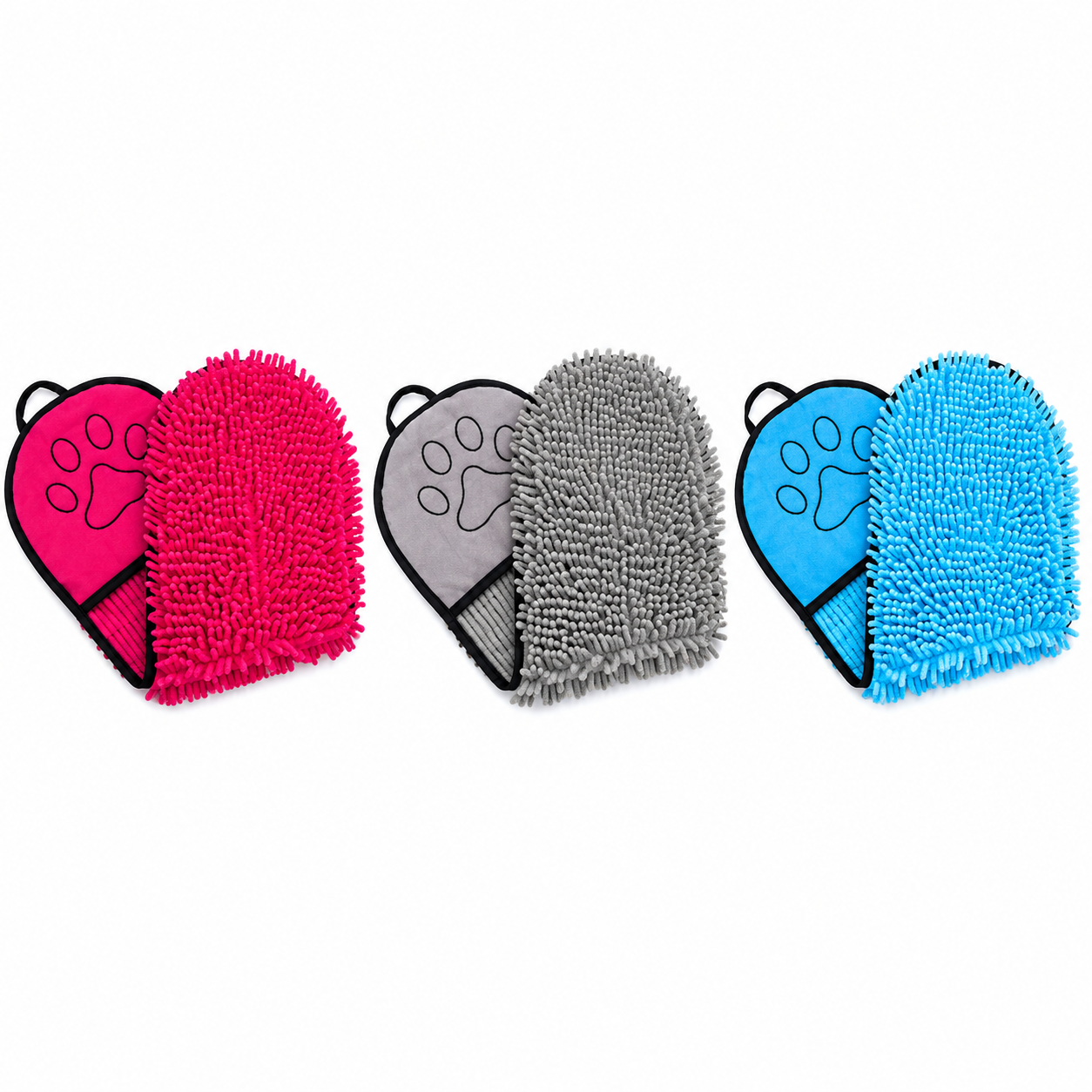 Three heart-shaped cleaning mitts in pink, gray, and blue on a white background