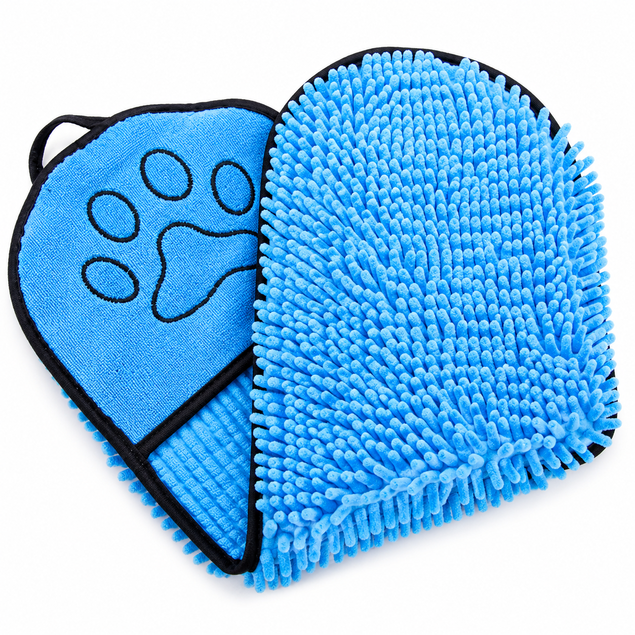 Blue grooming mitt with a paw print design on a white background