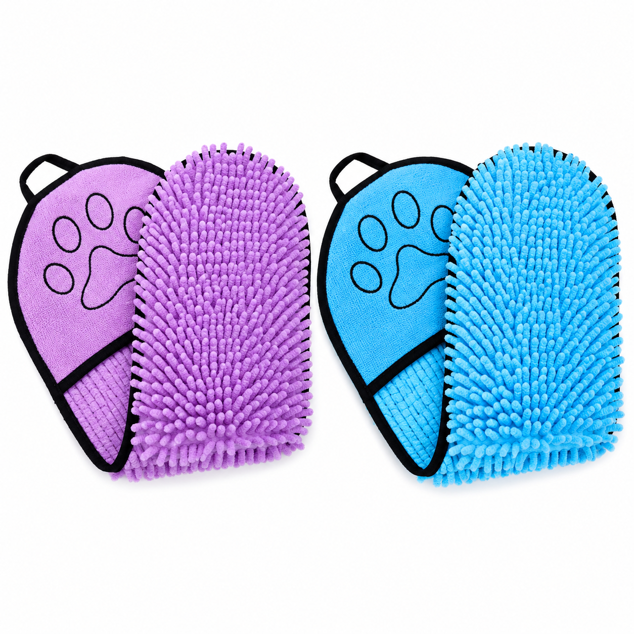Two grooming gloves, one purple and one blue, with paw prints on a white background.
