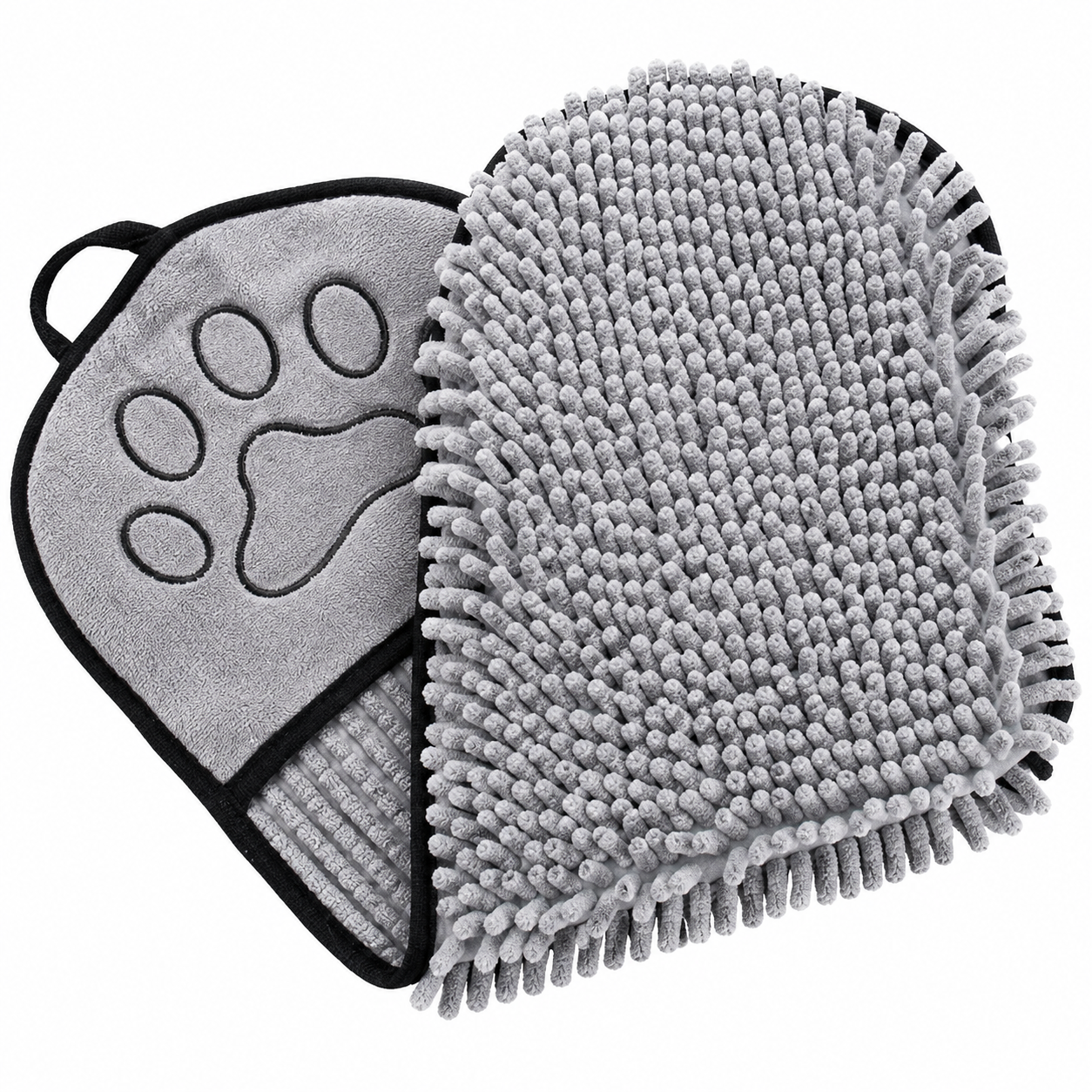 Gray microfiber cleaning mitt with paw print design on a white background