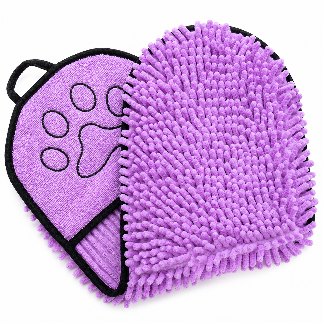 Purple microfiber cleaning mitt with paw print design on a white background