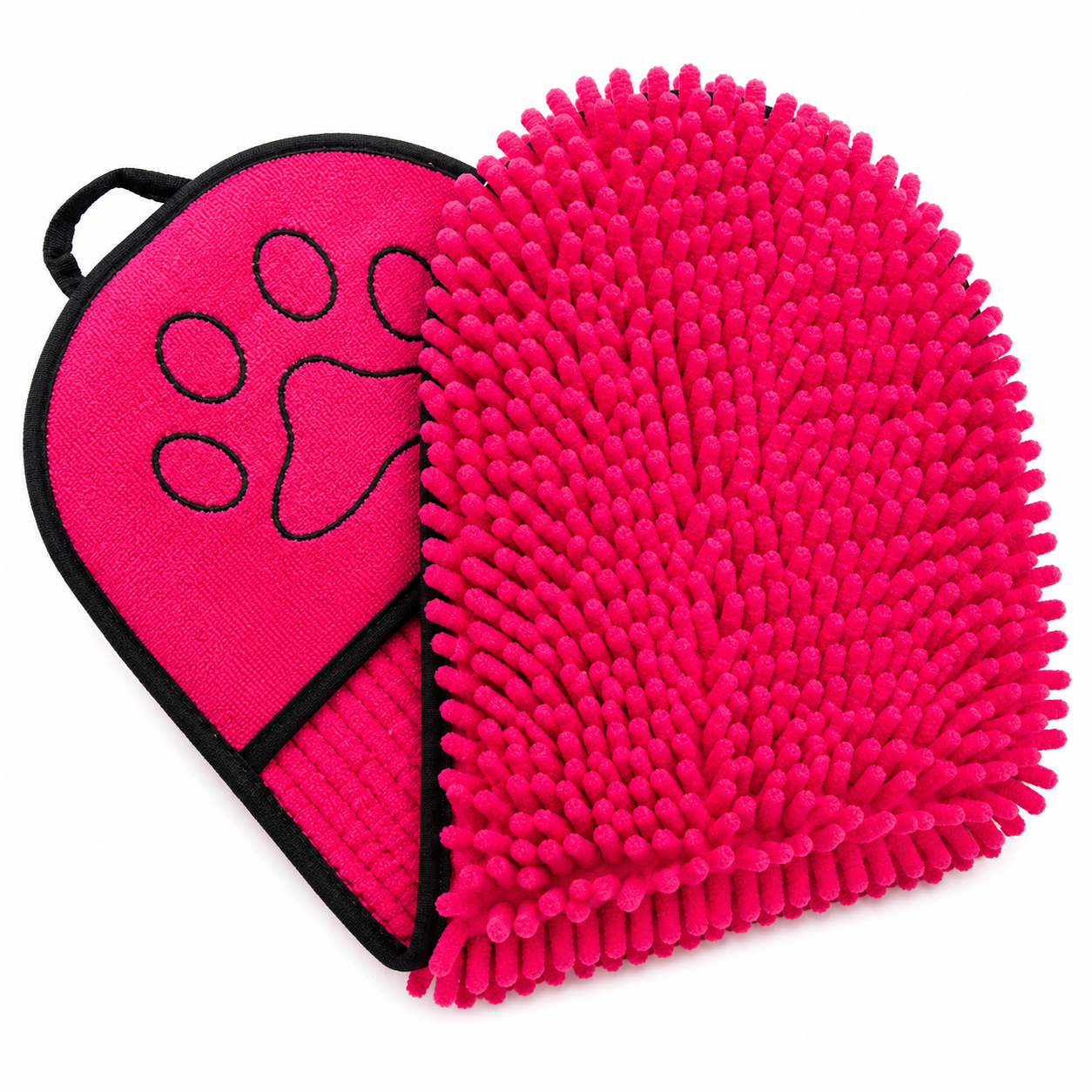 Rose Red grooming mitt with a paw print design on a white background