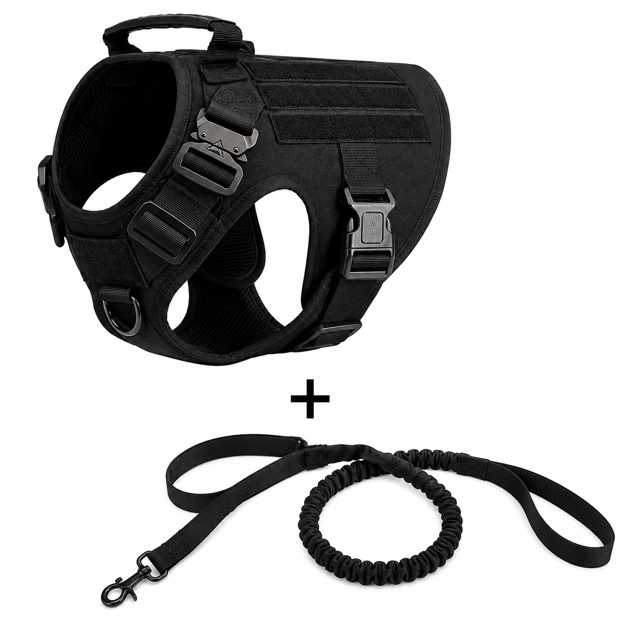 Black dog harness and leash set on a white background