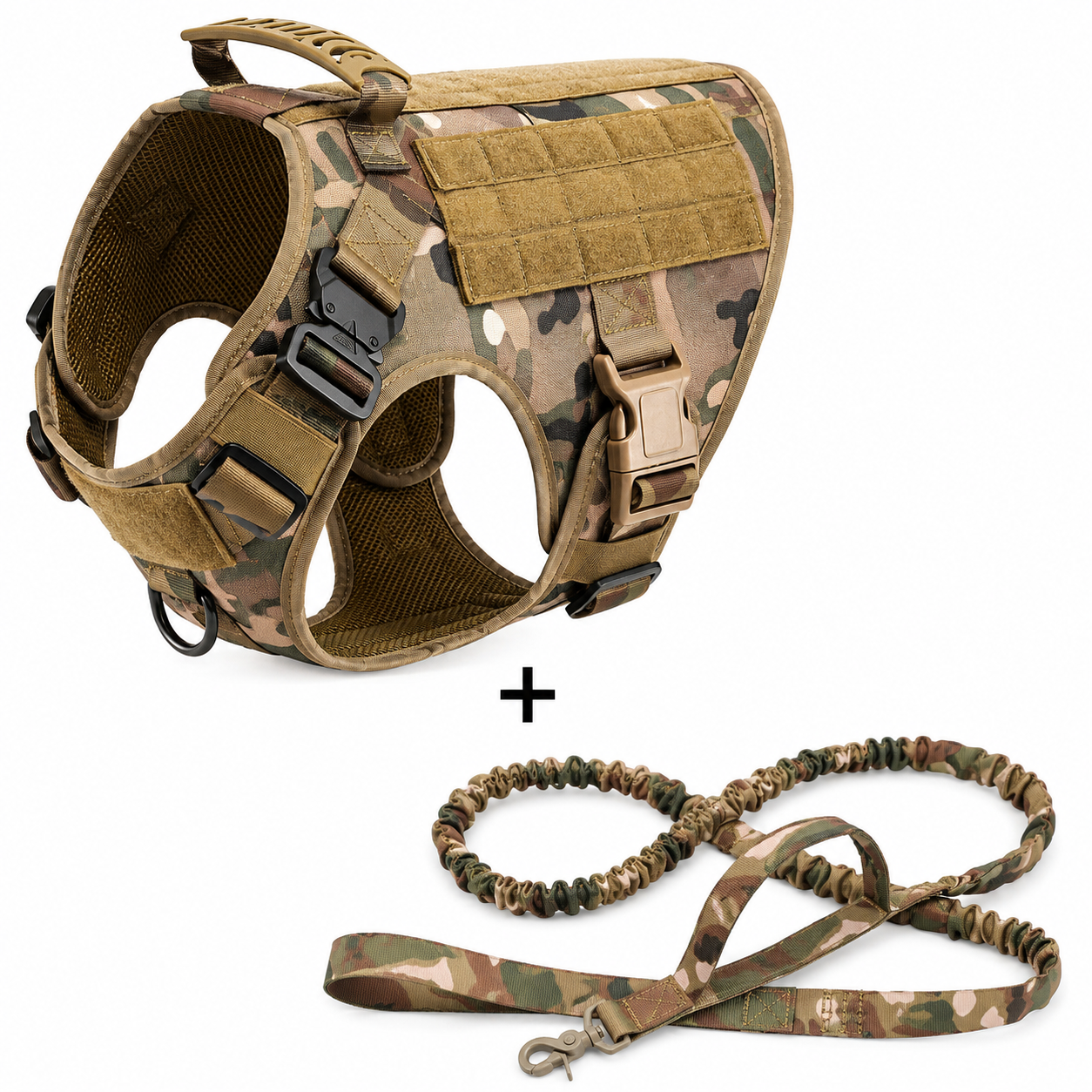 Camouflage dog harness and leash set on a white background