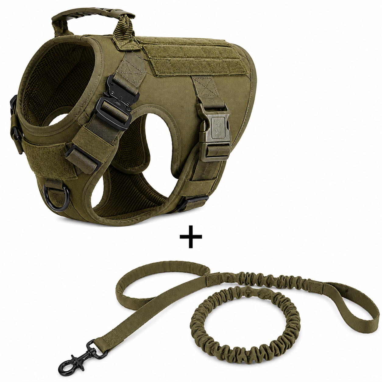 Olive green dog harness and leash set on a white background