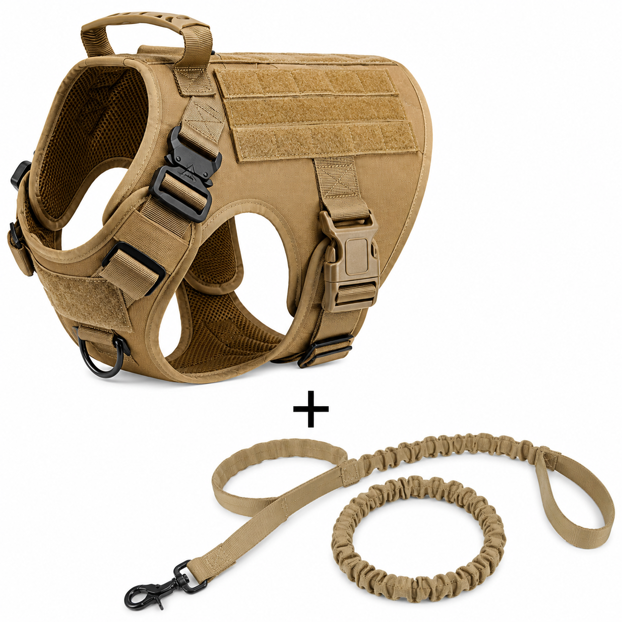Tan tactical dog harness with a matching leash on a white background