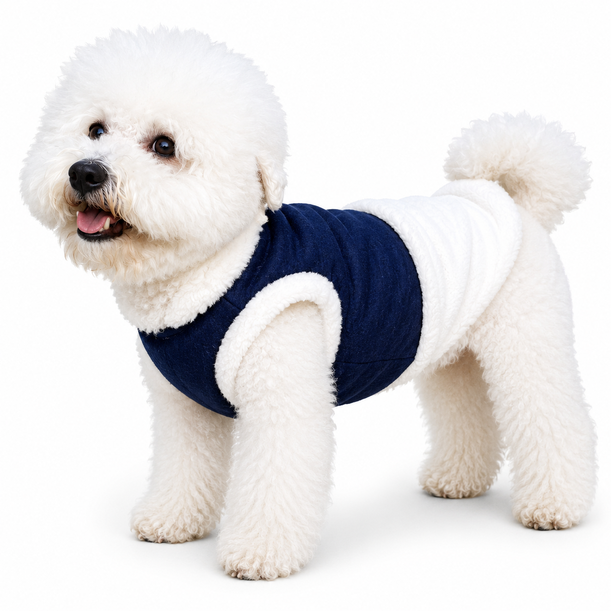 Blue plush dog vest with fur collar, warm winter pet jacket coat by Pawnesta, designed for comfort and insulation.