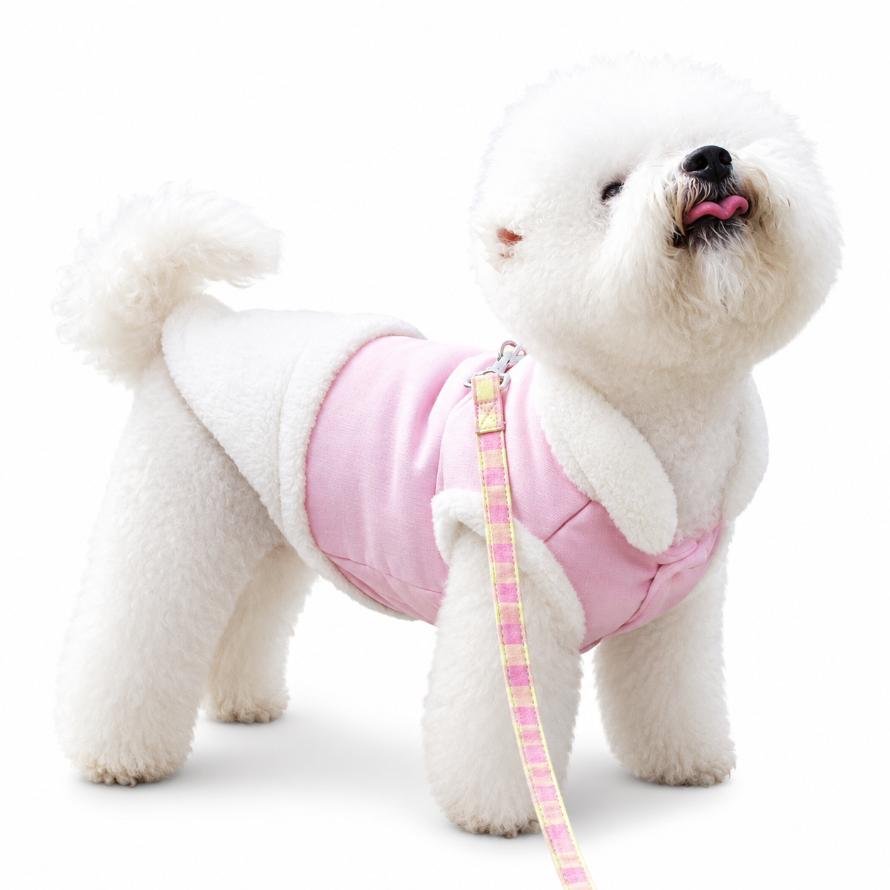 Pink warm plush dog vest with fur collar, winter pet jacket coat by Pawnesta, perfect for keeping your dog cozy in cold weather.